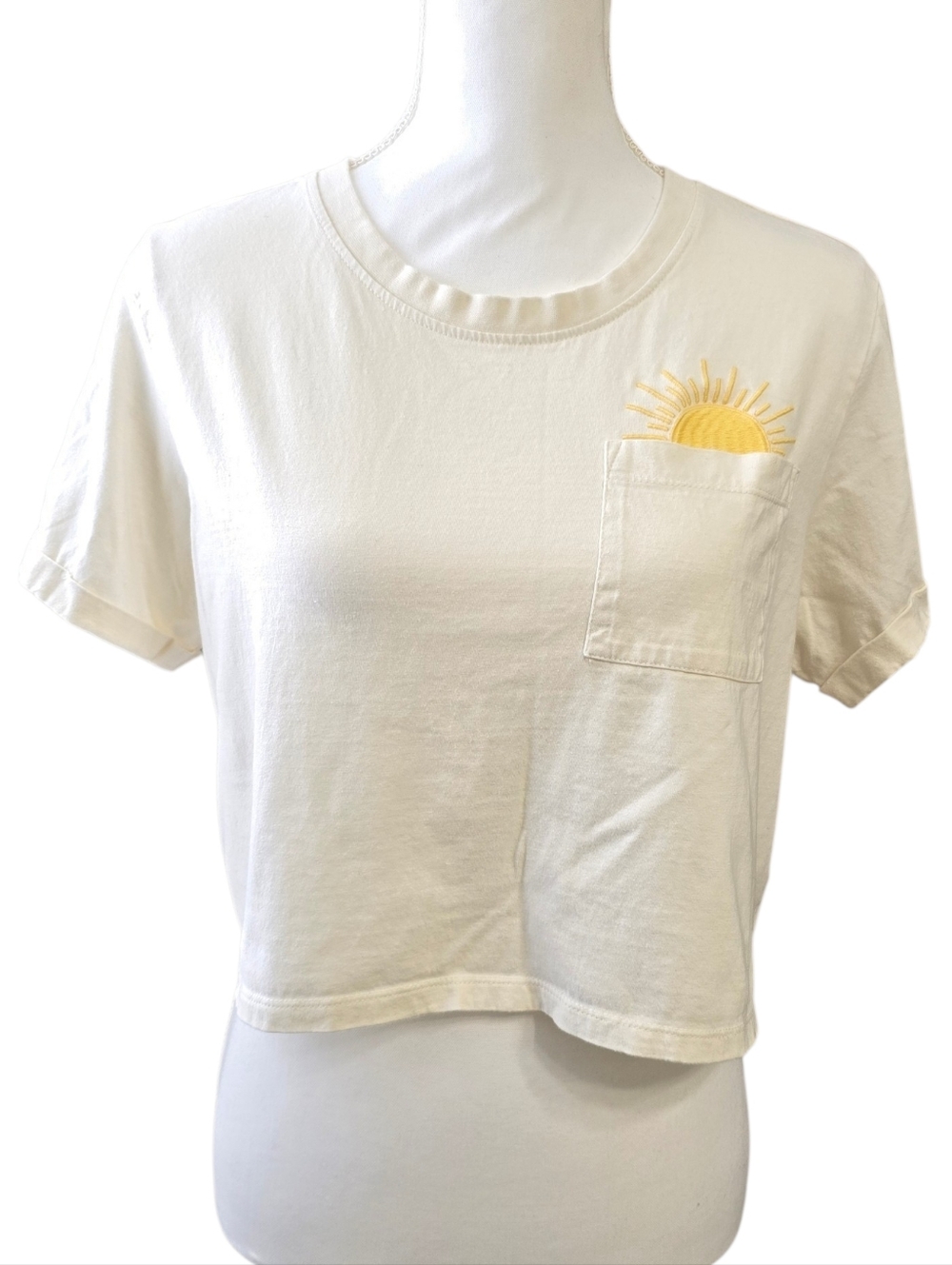 La Luna Cropped Pocket Tee with Yellow Sun Embroidery